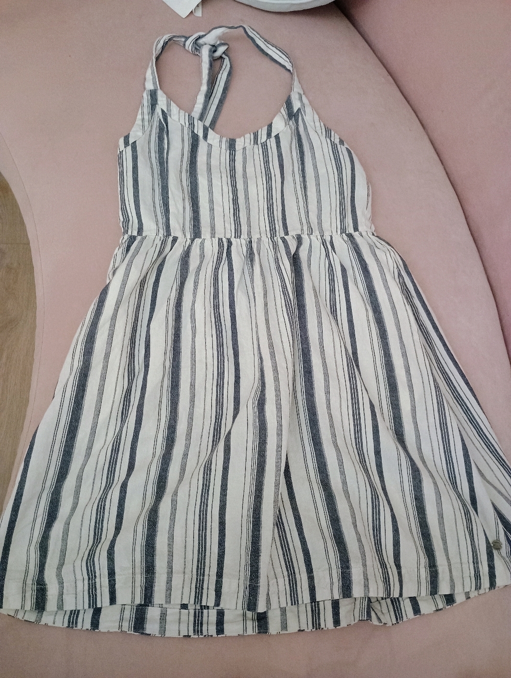 Roxy Striped White and Blue Halter Dress With Smocked Back NWT